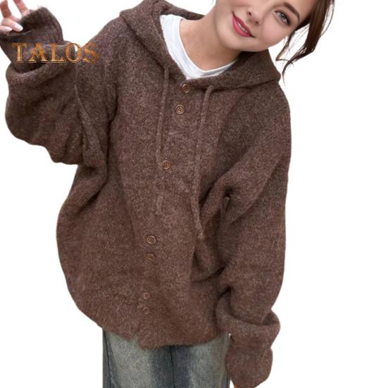 

Женский свитер, пальто с капюшоном, завязками, длинными рукавами, однотонное трикотажное пальто с застежкой на пуговицы, повседневная вязаная верхняя одежда кофейный