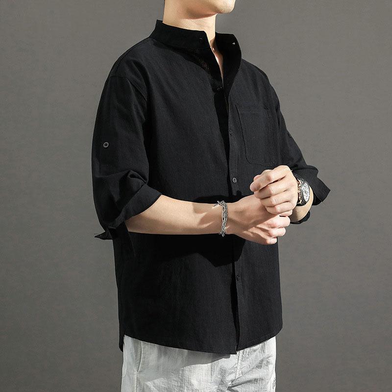 Men's Linen Shirt Three-quarter Sleeve Men Shirts Summer Japanese Casual Loose Stand Collar Cotton and Linen Shirt