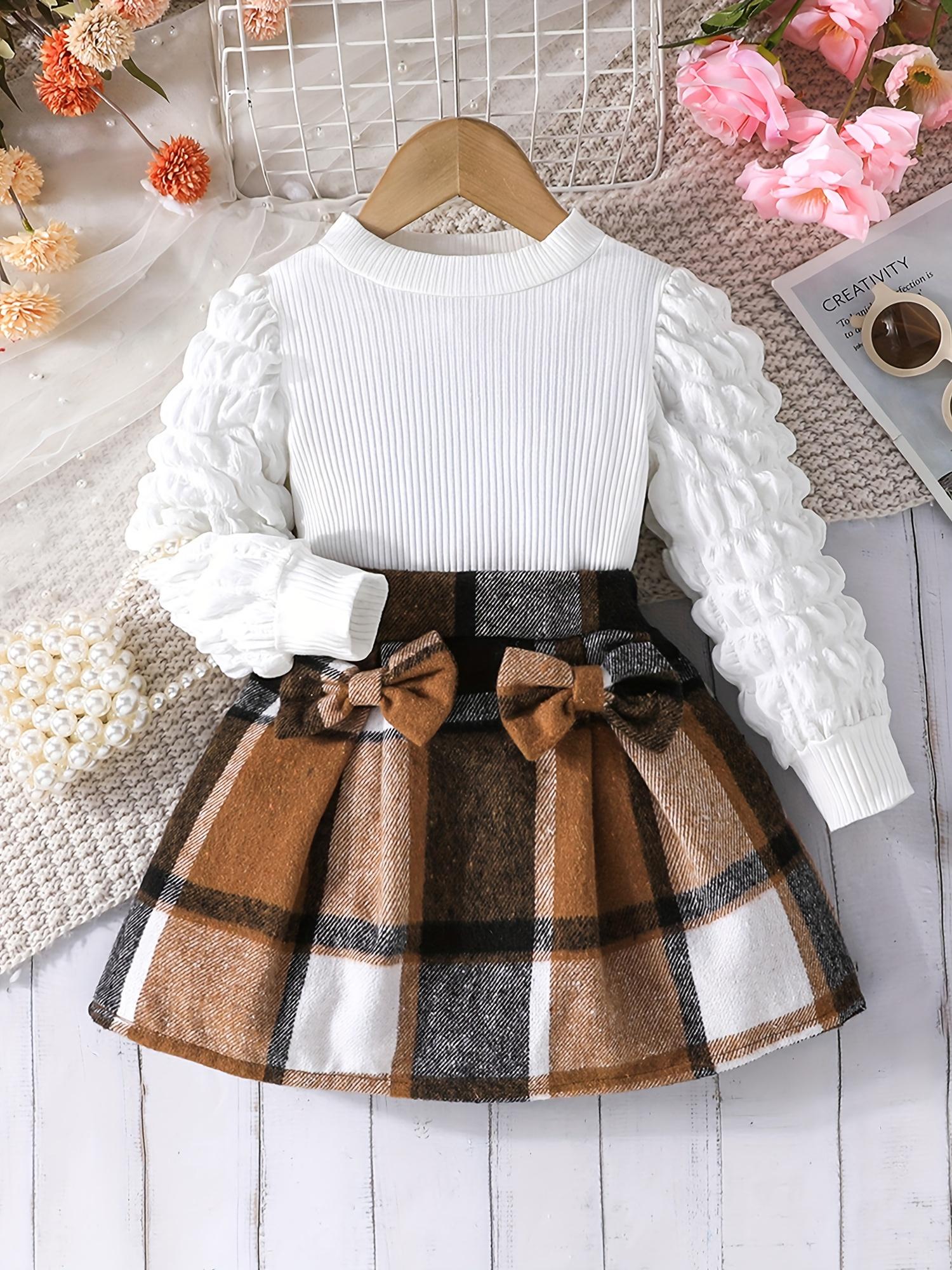 

Девочки Осень 2 предмета Юбка Наряды Длинный рукав-буф А-силуэт Клетчатый комплект юбки 100cm хаки