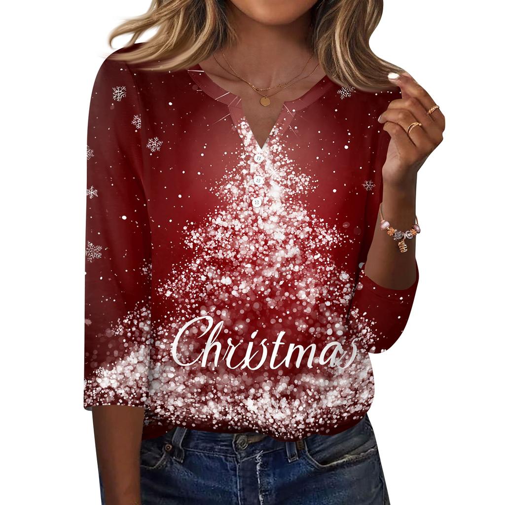 Women's Casual Christmas Print V-Neck T-Shirt with Three-Quarter Sleeves and Button