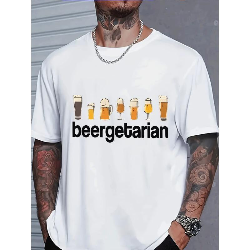 Men'S Casual Crewneck Graphic T-Shirt Featuring Various Beer Mug Illustrations And The Beergeitarian Print, Perfect for Parties And Everyday Wear