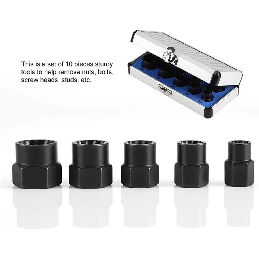10Pcs Socket Set 9-19mm Damaged Nut Bolt Screw Remover Adopter Car Extractor Threading Tool Box for Electric Drill
