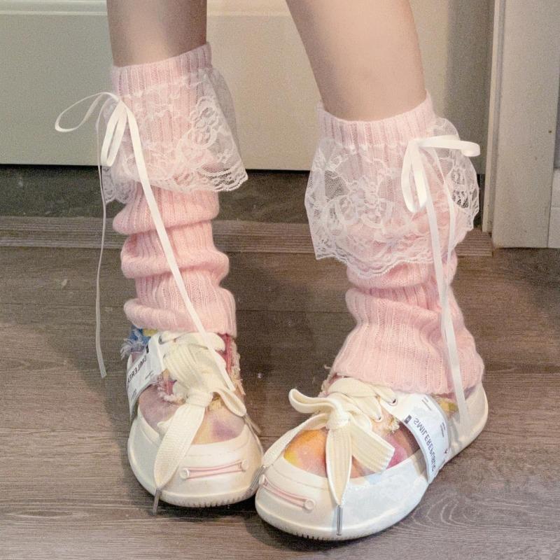 Ladies Autumn New Warm Thermal Storage Lace Knitted Ribbon Bow in The Tube Pile Stocking