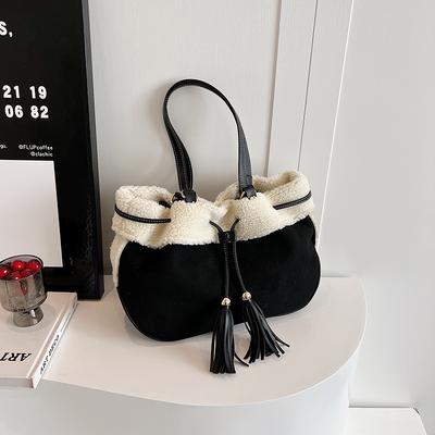 Autumn and Winter Large-capacity Contrasting Color Suede Bag, New Women's Bag, Retro Shoulder Bag, Popular Tote Bag, Bucket Bag.