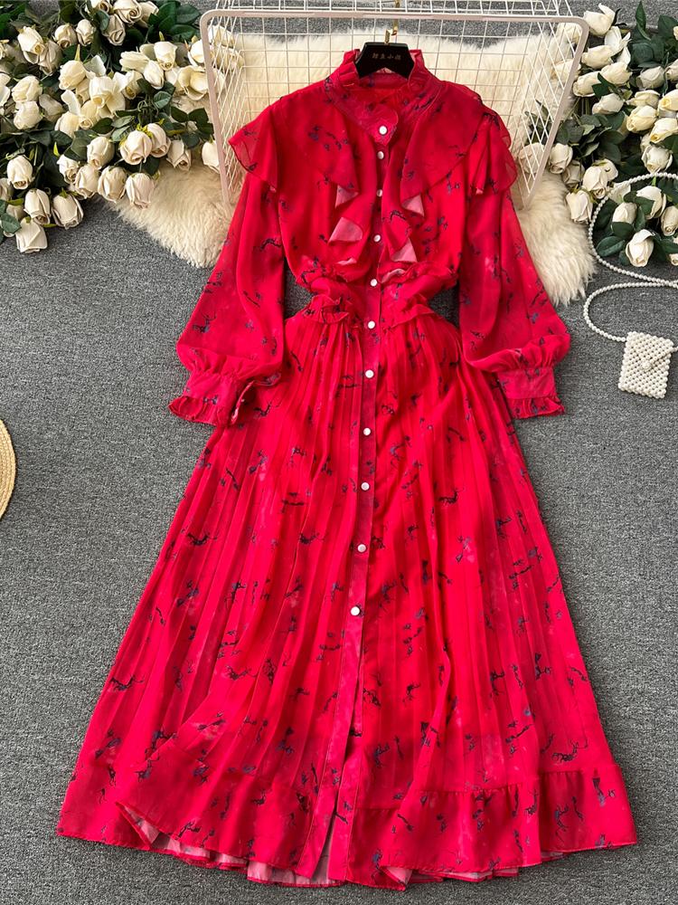 

Осеннее женское винтажное плиссированное длинное платье с принтом, женское красное/зеленое/синее/желтое однобортное макси-халат с драпировкой и рюшами, отпускные платья One Size красный