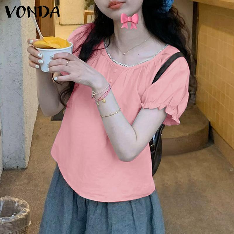 

VONDA Women Casual Lace Round Neck Puff Short Sleeve Solid Color Loose Blouse S синий