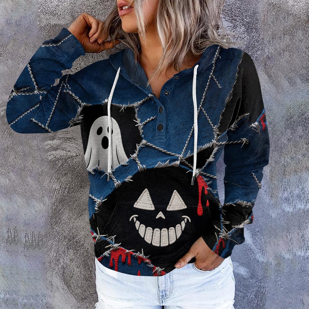 Women's Casual Round Neck Long Sleeved Top With Shattered Halloween Print Hooded Sweatshirt