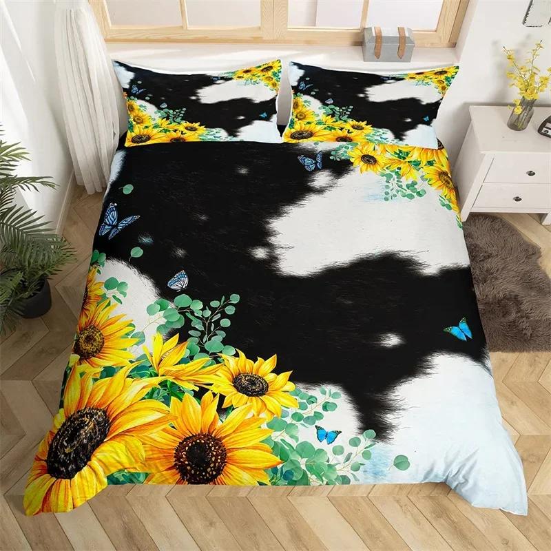 Comforter Sunflower Highland Cow Western Farm Animal Bedding Set Cowhide Comforter Microfiber Twin King Queen Bedclothes