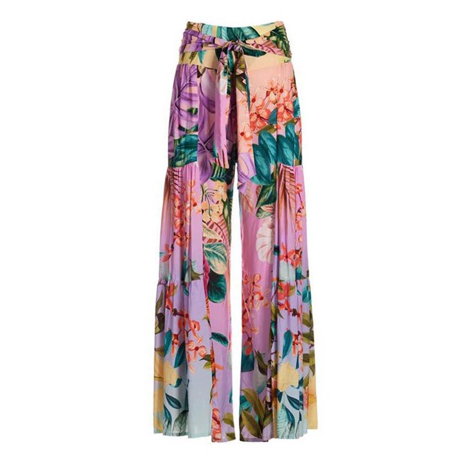 

Женские брюки свободного кроя с прямыми штанинами и кулиской в отпускном стиле с растительным принтом Large