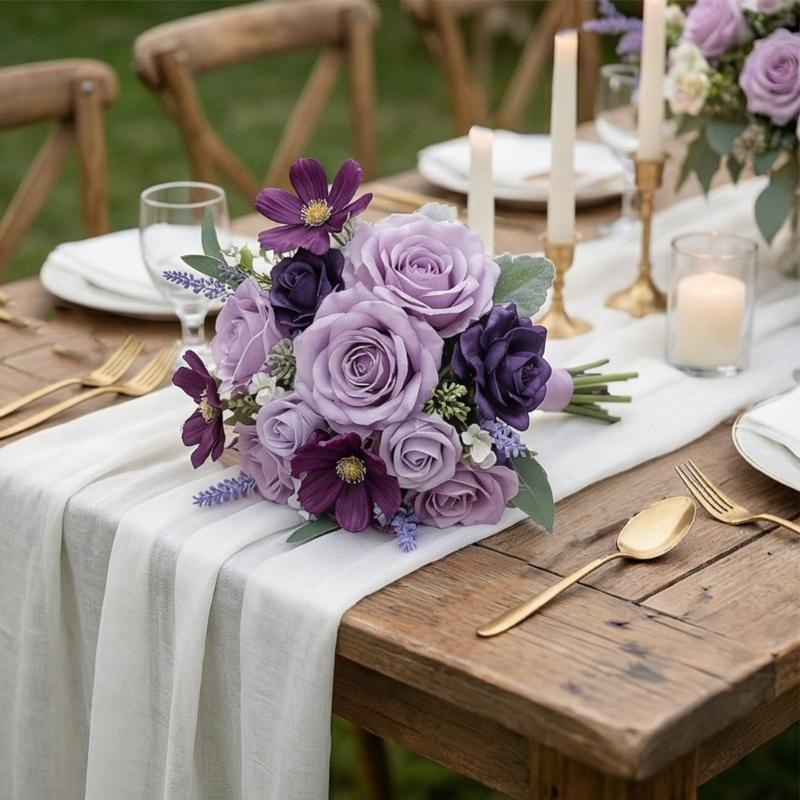 6Pcs Wedding Bouquets with Ribbon for Bride and Bridesmaid Realistic Artificial Rose Flower Bouquets Photography Tool