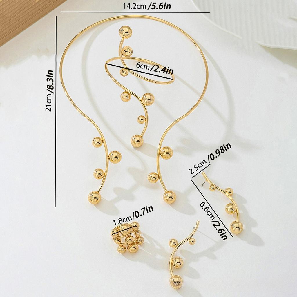 Women‘s Jewelry Set: Gold Alloy Necklace + Earrings + Ring + Bracelet, Cool Minimalist Metal Style, for Banquet & Commute, Women‘s Gift