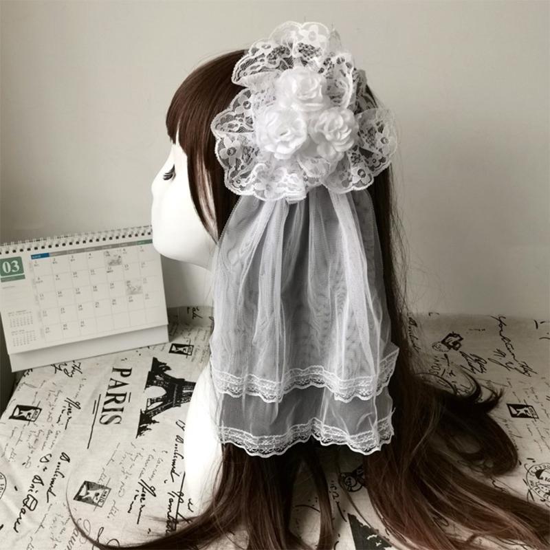 Lolita Gothic Headdress Lace Veil Headwear Rose Side Clip Barrette Halloween Cosplay Accessories Party Headpiece
