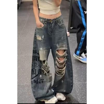 Dames S Wijde Pijp Verweerde Jeans Met Letterprint Losse Casual Lange Broek