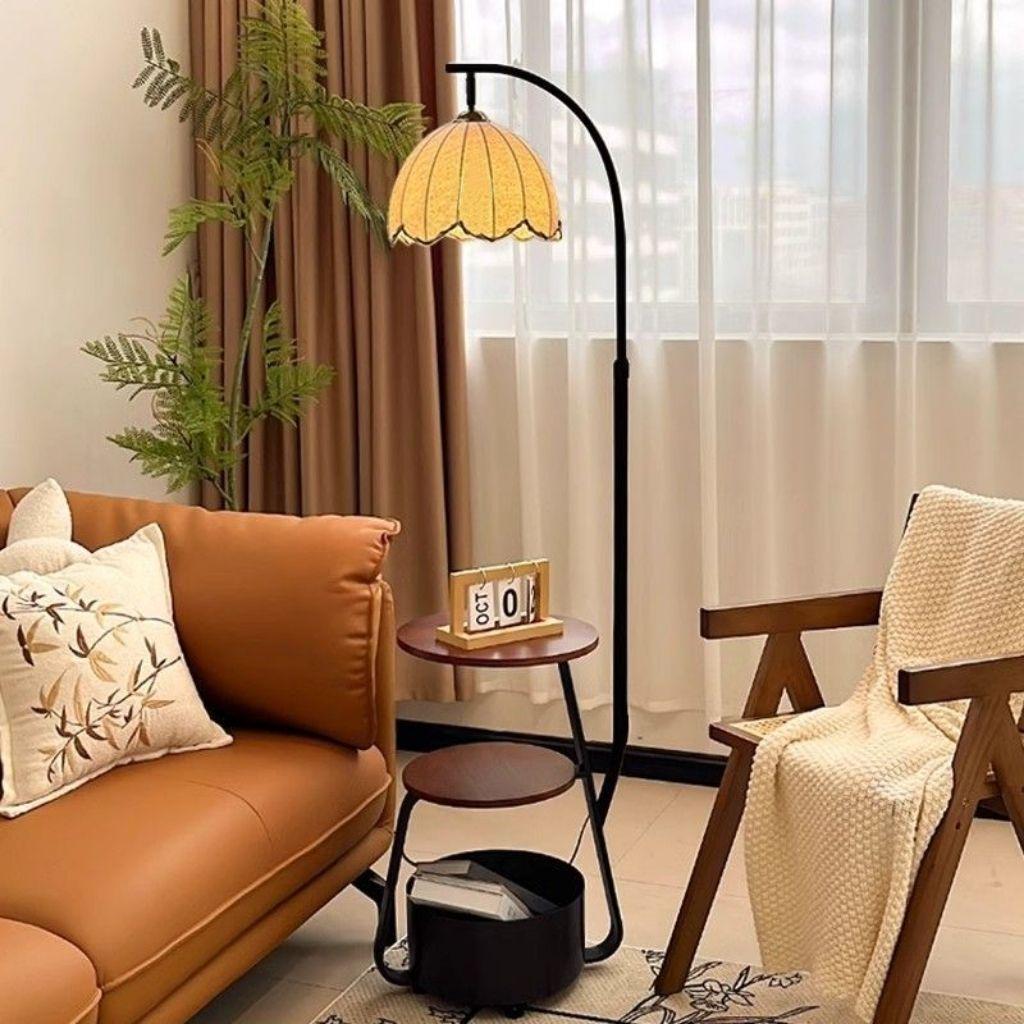 French Retro Mid-Century Bedside Floor Lamp with Storage - Ideal for Living Room or Sofa Side Decor.