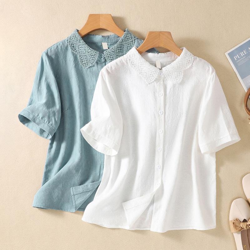 Plus Size Summer Women's Shirt Literary Loose Solid Colour Cotton