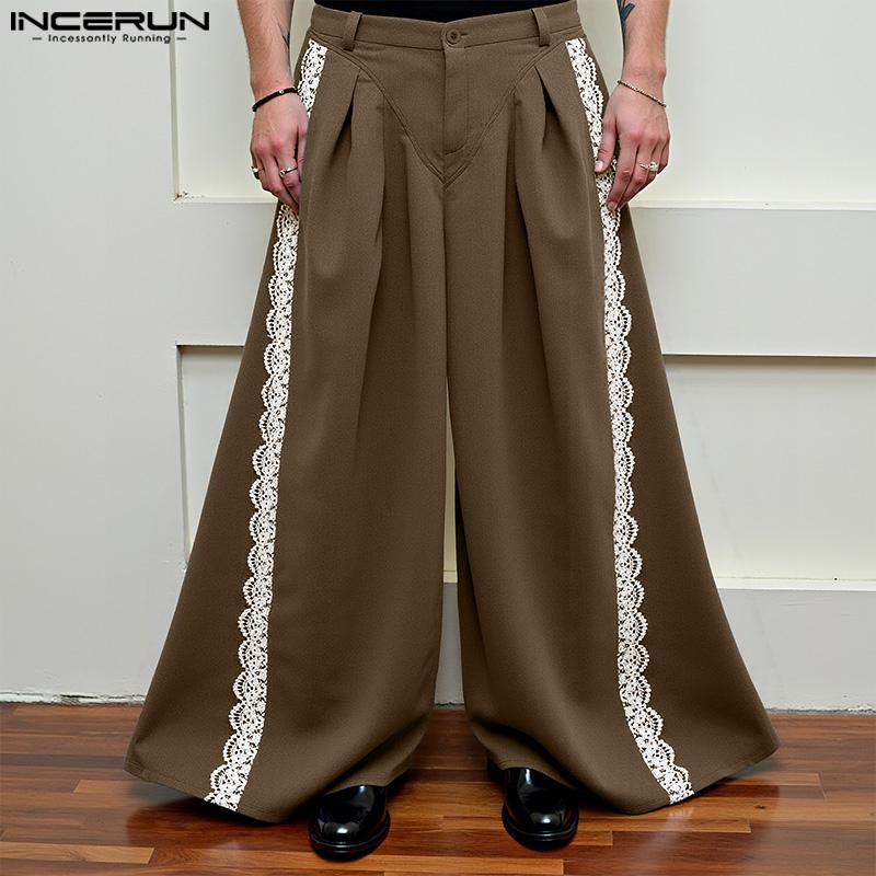 INCERUN Men Casual Zipper Waist Lace Hem Long Wide Legs Pants Trousers