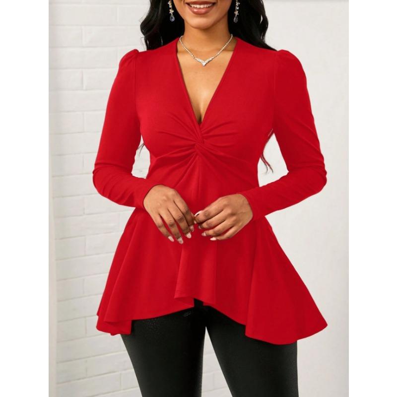 T-shirt da donna S con scollo a V, torsione, tinta unita, manica lunga, top casual