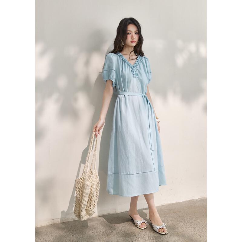 V-Neck Ruffled Hollow Lace Long Dress