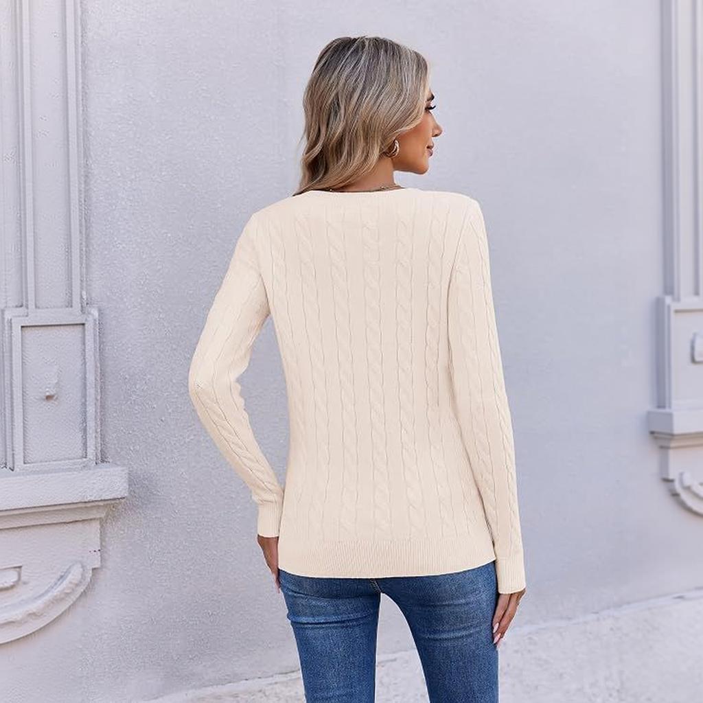 Maglione da Donna a Treccia con Scollo a V, Pullover a Manica Lunga per Autunno e Inverno, Abbigliamento Casual