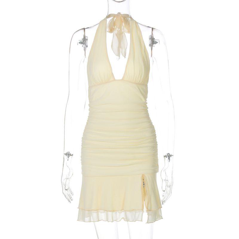 

Western Style Women clothes 2025 Summer New Product Fashion Sexy Backless Lace Split Dress Foreign Trade Yellow L