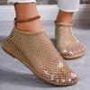 Ladies' Summer Round Toe Sandals with Hollowed Out Internet Celebrity Studded Diamond Short Boots, Sexy Plus Size Flat Shoes, Breathable