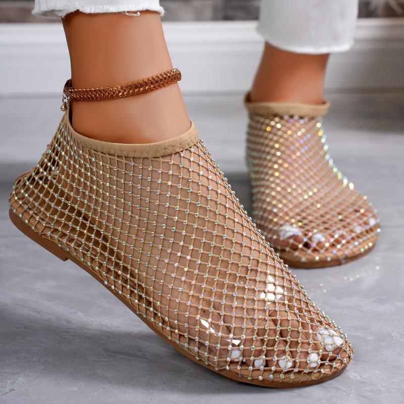 Ladies' Summer Round Toe Sandals with Hollowed Out Internet Celebrity Studded Diamond Short Boots, Sexy Plus Size Flat Shoes, Breathable