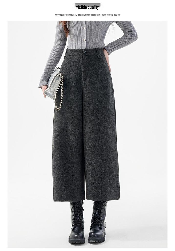 Women's High-Waisted Black-Grey Wool Blend Wide-Leg Trousers, Plus Size, Autumn/Winter