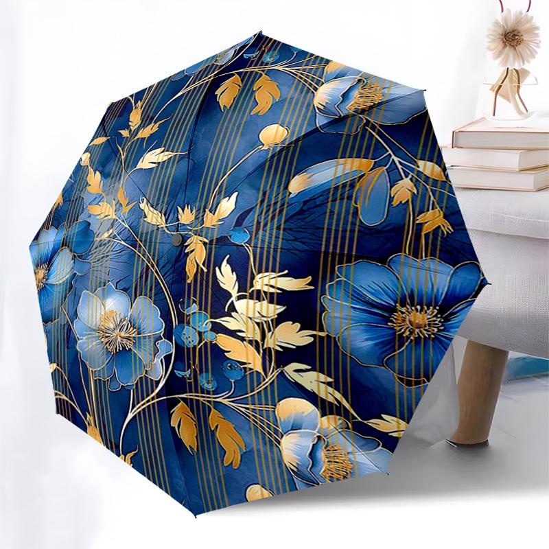 1pc Blue Floral Pattern with Gold Accents Umbrella with Plastic Handle,Compact & Stylish,Suitable for All Seasons Ptys26091