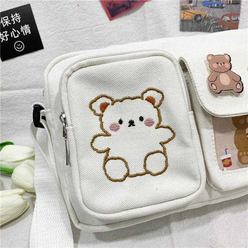Fashion Canvas Small Bag Japanese Ins Women Shoulder Bag Cute Funny Personality Embroidery Bear Teenager Girl Student Transparent Messenger Bag