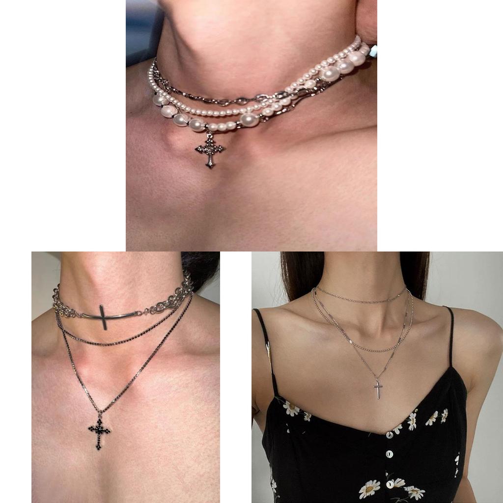 Unordered Pearl Cross Necklace With Handcrafted Alloy Chain For Unisex Fashion Accessory