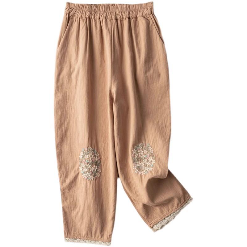Women's Literary Retro Cotton Embroidery Casual Pants with Lace Trim - Slimming, Loose, and Thin Style for Summer 2023.