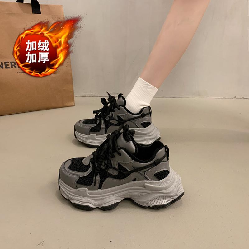 Fleece Explosive Muffin Thick-soled Dad Shoes Women's Small Men Increase In Height 2025 New Mesh Breathable Casual Sports Shoes
