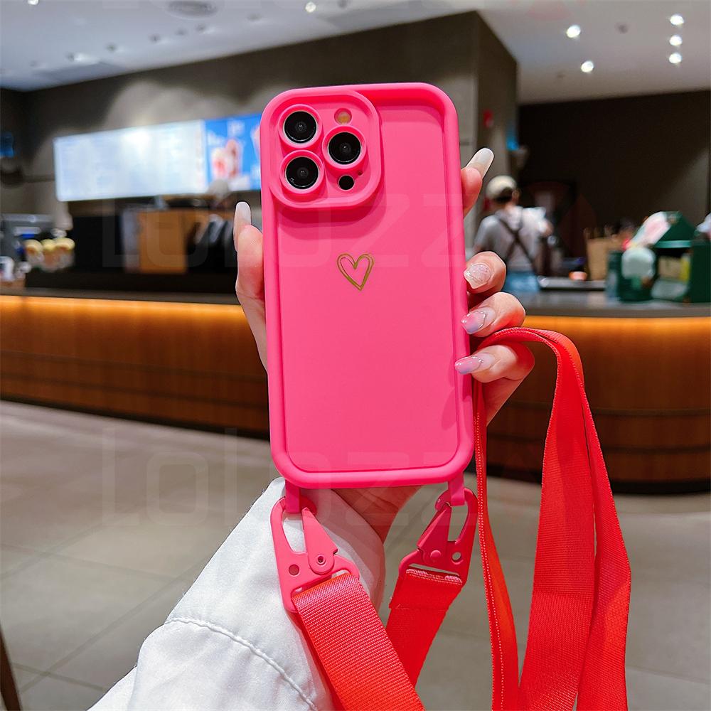 Cute Love Heart Crossbody Necklace Lanyard Strap Soft Case For 16 15 14 13 12 17 Pro Max X XR 16 Plus Solid Color Cover