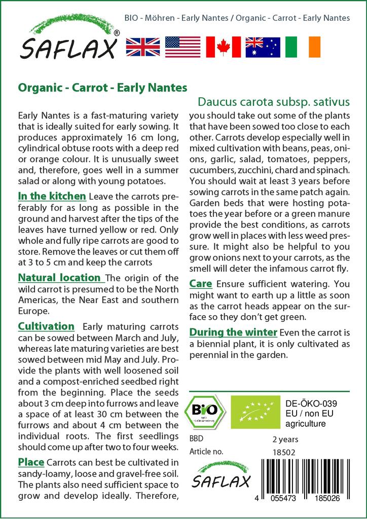 SAFLAX Garden In the Bag - Organic - Carrot - Early Nantes - 1500 Seeds - With Substrate In a Fitting Stand Up Bag - Daucus Carota