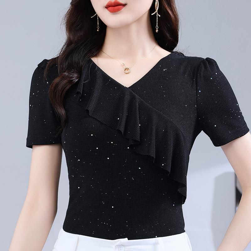 V-Neck Ruffled Short Sleeved T-Shirt Women's Summer Slim Solid Color High Strecth Mesh Tops Blusas