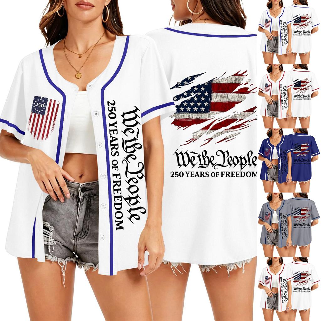 Unisex Baseball Jersey Top with Independence Day Print Button Down Short Sleeve Athletic Shirt We the 250 Years of Design