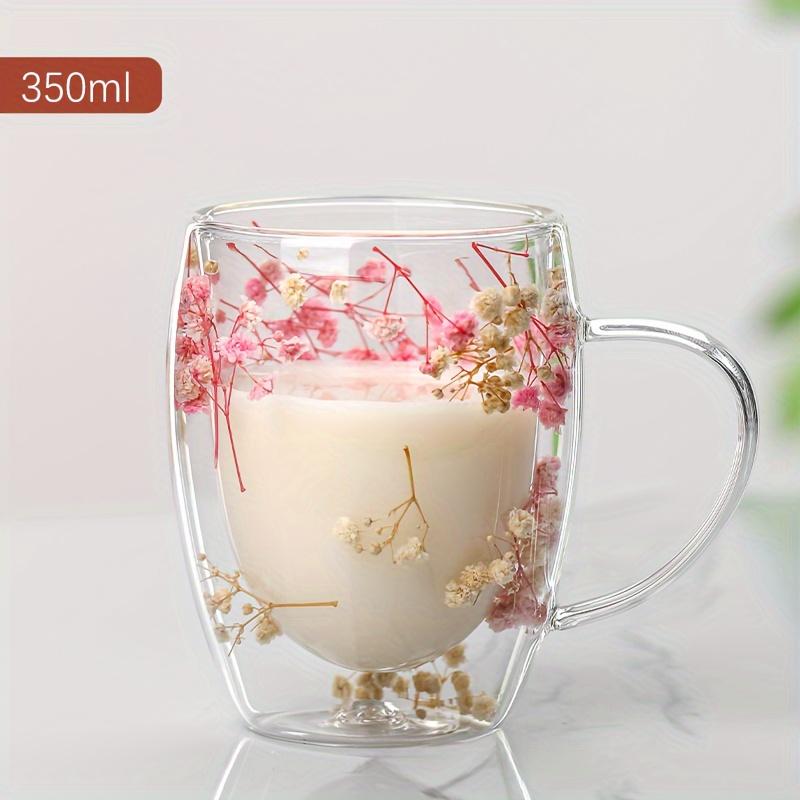 4pcs Dried Flowers Inside Glass Coffee Mugs 11.83oz Double-Walled Espresso Coffee Cups Heat Insulated Water Cups Summer Winter Drinkware Birthday Gift