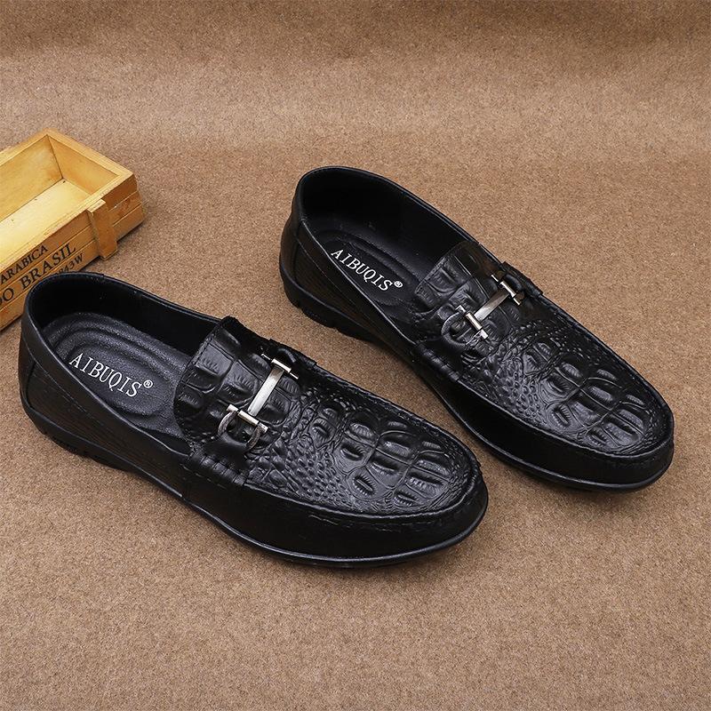 New Spring Crocodile Pattern Men's Bean Shoes Flat Heel Lazy British Soft Bottom Black Casual Leather Shoes