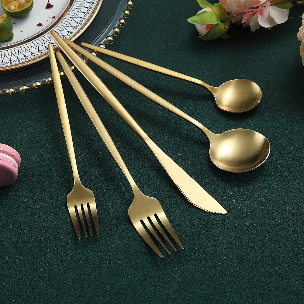 Matte Gold Silverware Set 20 Pieces, Stainless Steel Golden Flatware Set, Titanium Plating Cutlery Set, Matte Gold Utensil Sets, Service Set for 4