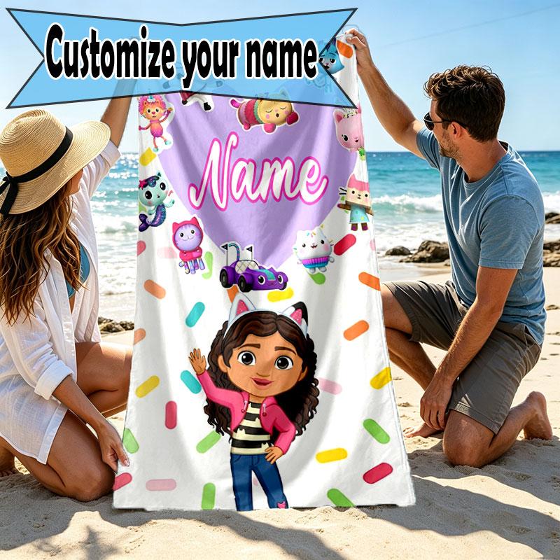Custom Name Personalized Gabby's Dollhouse Print Beach Towel, for Trip Camping Beach Party Home Decor, Birthday Gift for Family & Friends