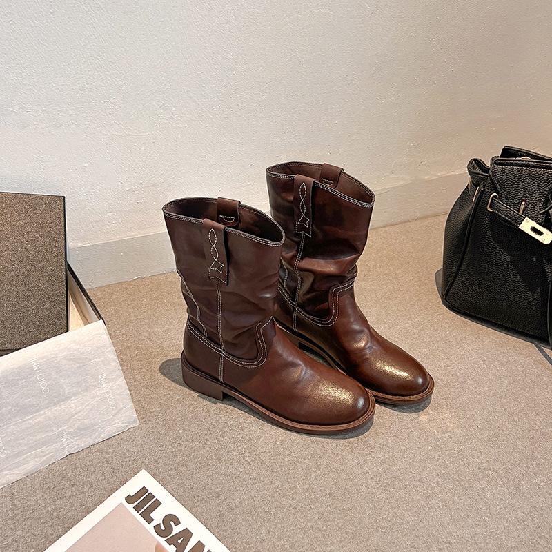 Vintage Round Head Thick-soled Thick-heeled Locomotive Boots Western Cowboy Boots Women's 2025 Autumn and Winter Simple Spice Girl Sleeve Martin Boots