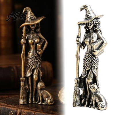 Unique Desk Display Art Brass Witch Statue with Cat, Vintage Metal Figurine, Collectible Fantasy Style Figurine Halloween Ornament for Gothic