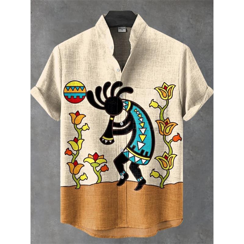 Men s Short Sleeve Shirt Vintage Ethnic Style Sunlight and Tree Illustration Art Wave Print Casual Linen Shirt, S