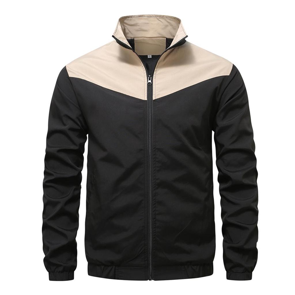 European-American Color Block Men's Stand-Up Collar Jacket - Trendy Autumn/Winter Outerwear