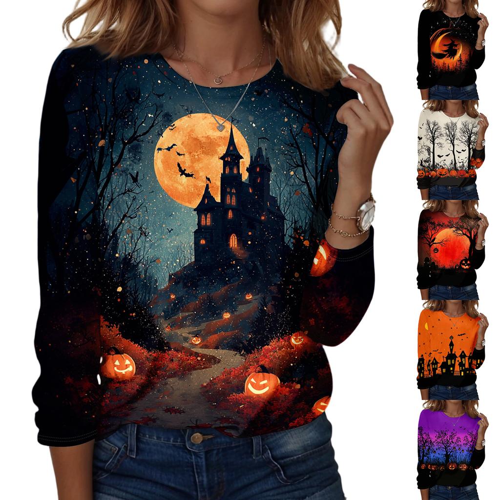 Womens Halloween Printed Crewneck Pullover Sweatshirt Long Sleeve Casual Top with Graphic Design for Seasonal Wear