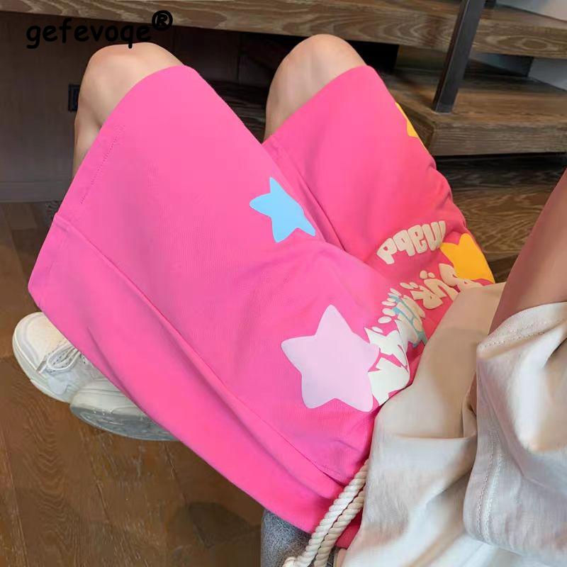 Women Trendy Print Streetwear Harajuku Y2K High Waist Wide Leg Short Pants Summer Students Casual Loose Sports Beach Shorts