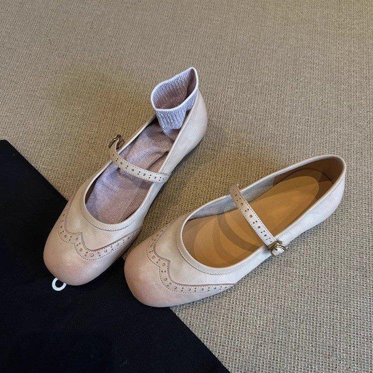 

Французские ретро туфли-лодочки с мелким вырезом, женские, 2025, осенние, новые, с круглым носком, на плоской подошве, розовые туфли Мэри Джейн, ремешок с пряжкой 40