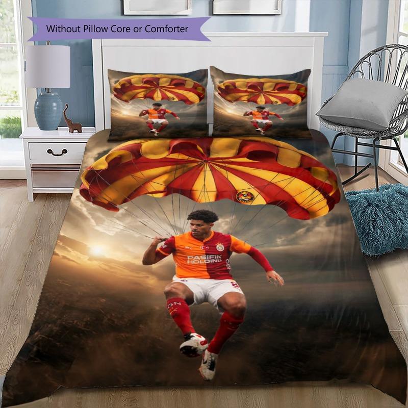 Creative Parachute Football Player Print Duvet Cover Set, 3Pcs Sports Bedding Set with 2 Pillowcases for Bedroom Decor