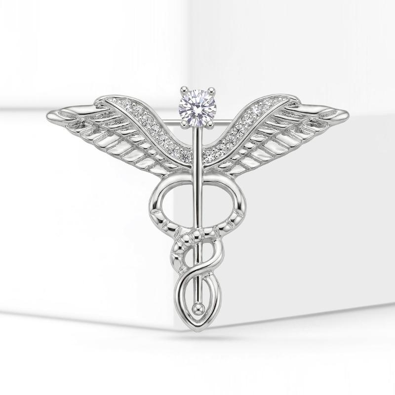 Lapel Brooch Accessory with Clear Stone Caduceus Shape, Copper Pin for Jacket, Scarf and Collar Outfit Wear Styling
