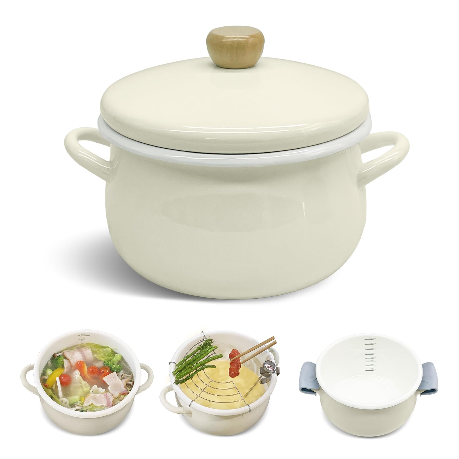 

DQ CORAL и Эмалированная кастрюля для газа с маслом и Идеально подходит для хот-пота, тушения и одена [Подходит для индукции] Крышка, Серо-бежевый, 22 см, Эмаль, Жарка, Темпура,